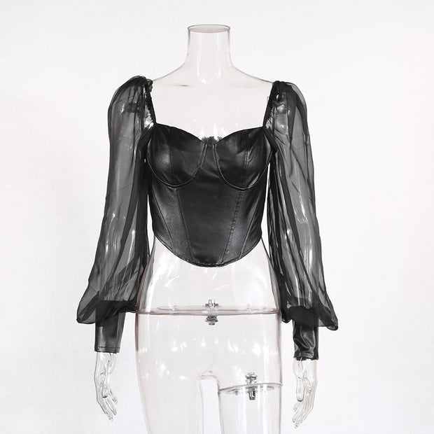 Sexy one-line neck tube top PU leather stitching mesh puff sleeve T-shirt