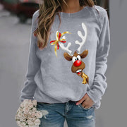 Christmas elk pattern printed long-sleeved round neck T-shirt women