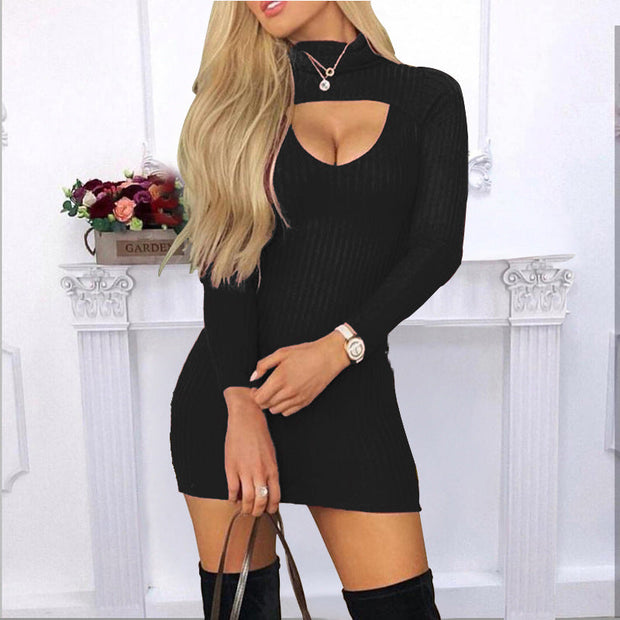 Fashion sexy slim solid color high neck hollow long sleeve hip dress