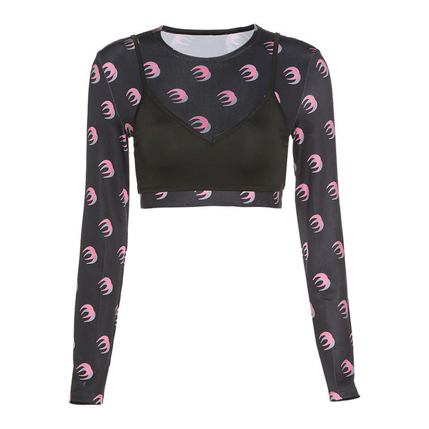 Fashion sexy camisole moon print T-shirt two-piece set