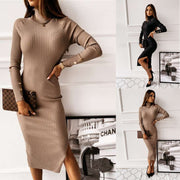 Sweater dress autumn and winter button decoration open back long sleeve solid color dress