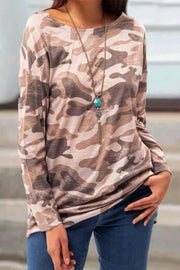 Fashion round neck casual camouflage print long sleeve T-shirt