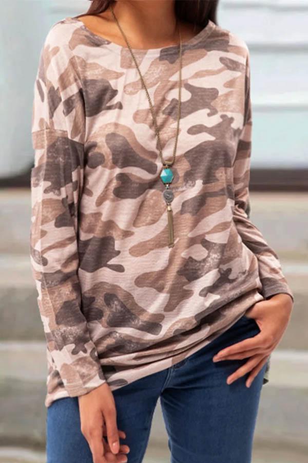 Fashion round neck casual camouflage print long sleeve T-shirt