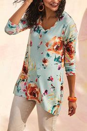Fashion casual long-sleeved flower V-neck printed t-shirt women