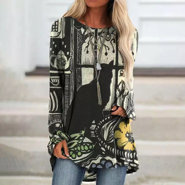 Fashion abstract face print casual mid-length round neck top