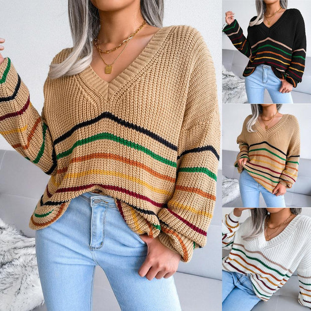 Rainbow stripes casual loose sweater