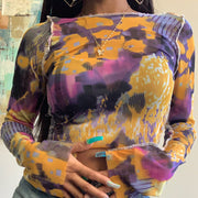 Women's round neck long sleeve see-through mesh printed T-shirt