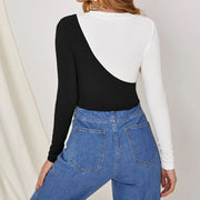 Sexy hit color off-shoulder T-shirt stitching slim top women's bottoming long-sleeved T-shirt
