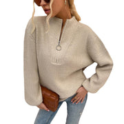 V-neck sweater with zipper lantern sleeves sweater
