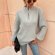 V-neck sweater with zipper lantern sleeves sweater