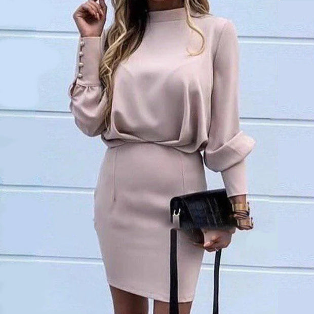 Women's European and American autumn clothes solid color slim sexy package hip skirt split open back dress dress