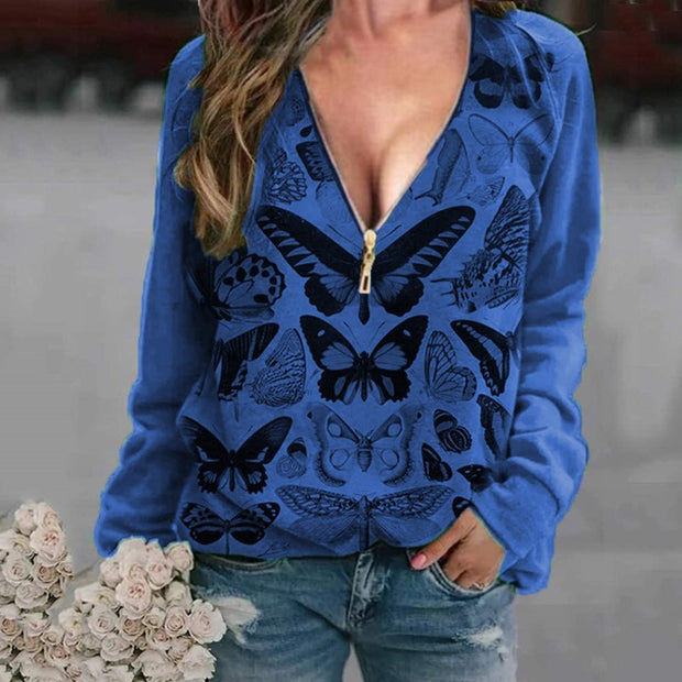 Fashion casual sexy butterfly print pullover zipper V-neck long sleeve blouse