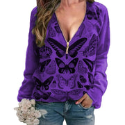 Fashion casual sexy butterfly print pullover zipper V-neck long sleeve blouse