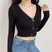 Fashion slimming V-neck solid color leaky umbilical top woolen long-sleeved shirt women