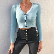 Fashion slimming V-neck solid color leaky umbilical top woolen long-sleeved shirt women