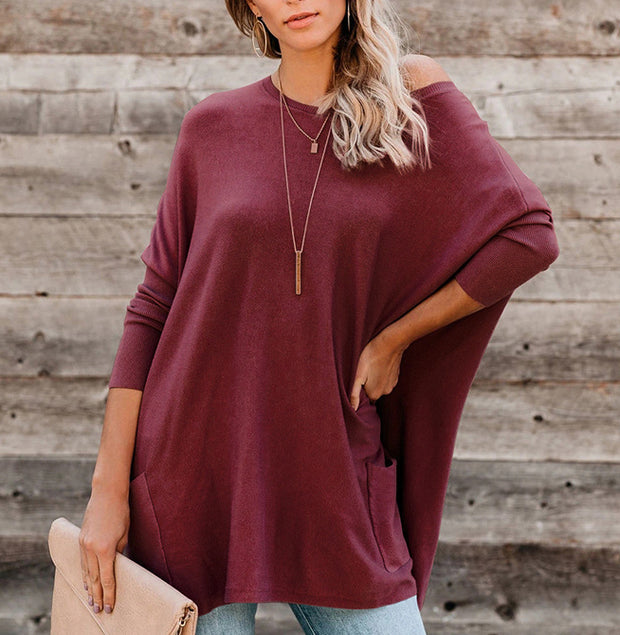 Fashion all-match loose round neck solid color long-sleeved bottoming T-shirt sweater women