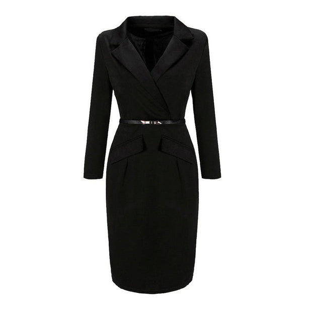 Autumn and winter women's long-sleeved suit collar pencil skirt with belt bodycon dress