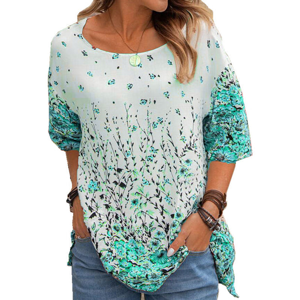Fashion floral loose round neck short sleeve T-Shirt casual top