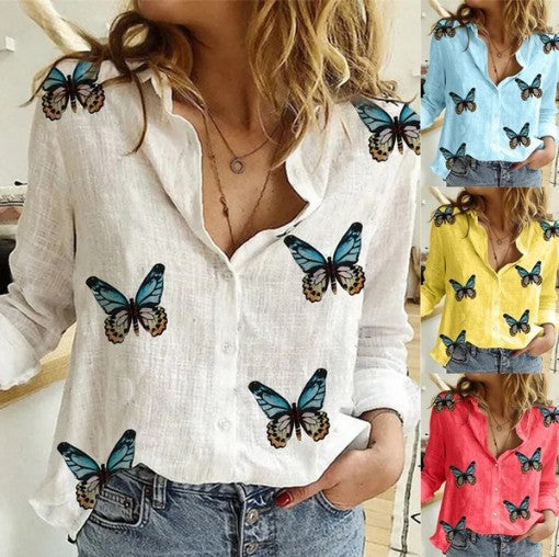 Temperament ladies irregular butterfly print shirt