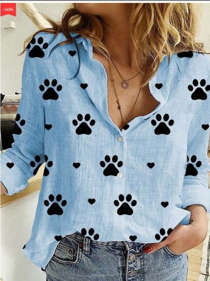 Dog paw print lapel long sleeve loose shirt