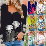 Fashion round neck zipper positioning printing long-sleeved T-shirt