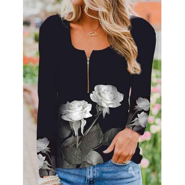 Fashion round neck zipper positioning printing long-sleeved T-shirt