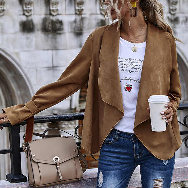 solid color lapel suede long sleeve jacket