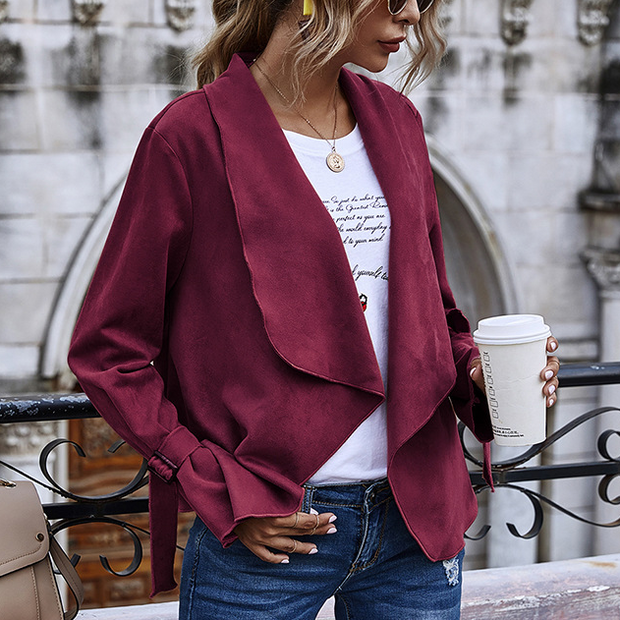 solid color lapel suede long sleeve jacket