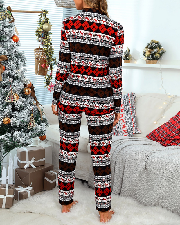 Christmas Argyle Deer Print Casual Pajamas Set