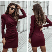 Autumn and winter French dress female ins waist slimming pleated stand collar irregular design long sleeve skirt