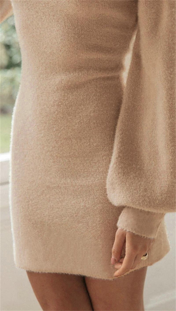 Fall/winter women's plush dress high collar single plush bag hip long sleeve dress