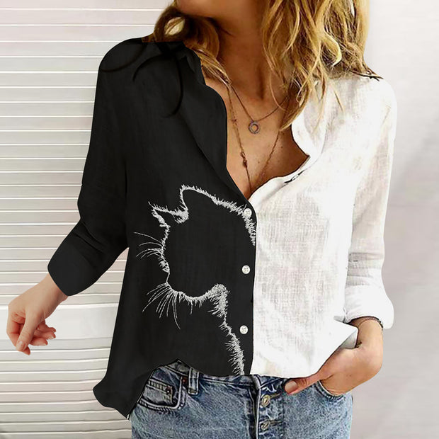 Fashion lapel contrast color long-sleeved printed shirt women