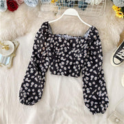 French retro square neck puff sleeve crop top