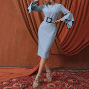 Pure color temperament noble luxury slim flared sleeve dress