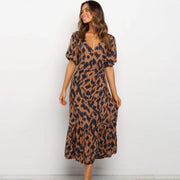 Summer new style V-neck short-sleeved lace leopard printed maxi dress
