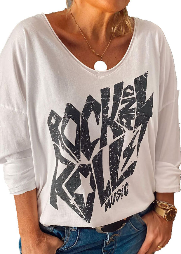 Fashion casual rock print V-neck casual loose T-shirt