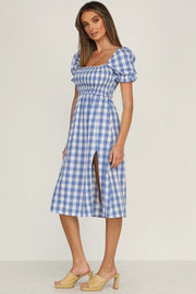 Summer  square collar plaid short sleeve midi dress