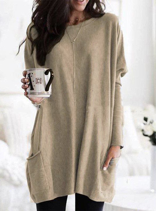 Fashion simple and versatile pocket round neck long sleeve top