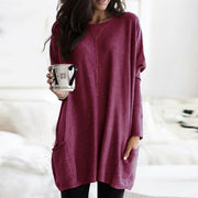 Fashion simple and versatile pocket round neck long sleeve top