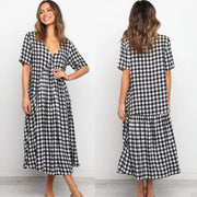 Women summer V neck short-sleeved plaid print maxi dress