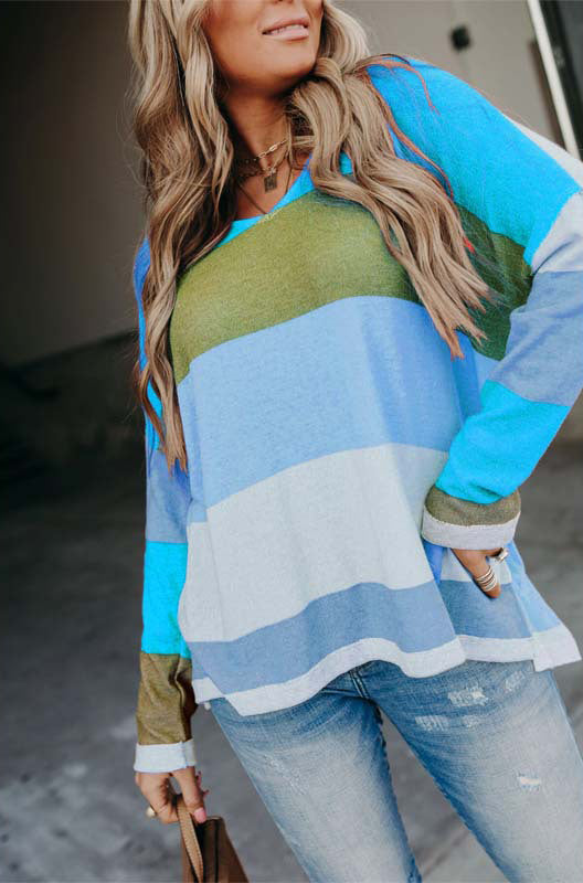 Fashion casual round neck striped color-block sweater