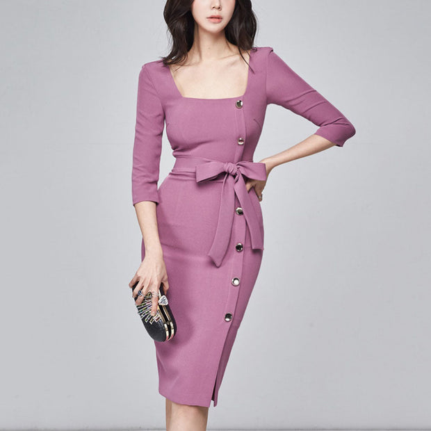 Temperament square collar single-breasted lace-up waist and thin three-quarter sleeves hip skirt