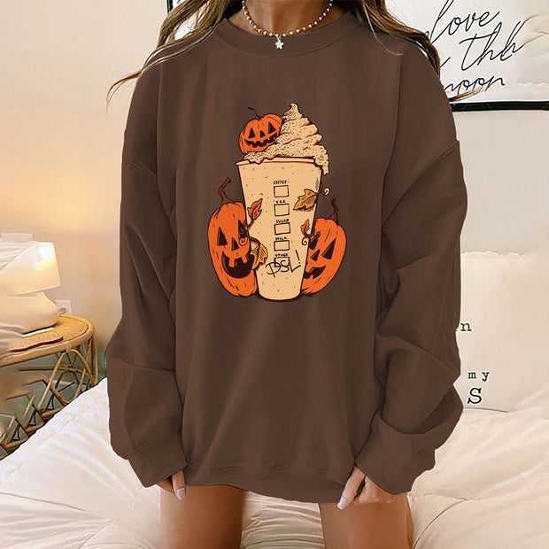 Halloween milk tea print hoodie pumpkin long sleeve women