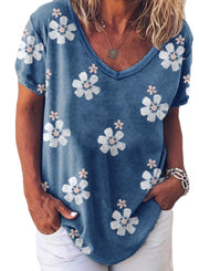 New small white flower print wide-neck V-neck loose short-sleeved women's T-shirt