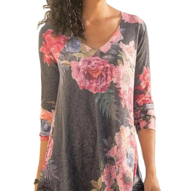 Fashion casual V-neck long-sleeved printed top