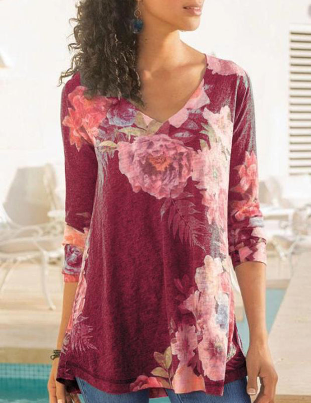 Fashion casual V-neck long-sleeved printed top