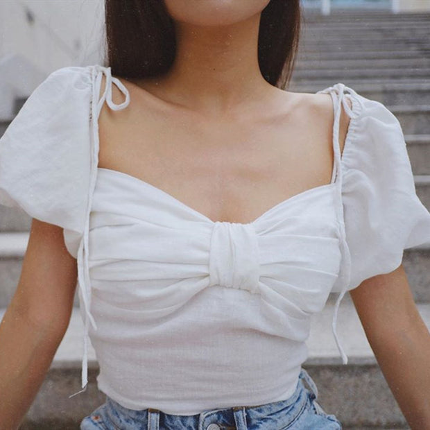 Women's short-sleeved blouse with square neck pleated bow knot wood ears