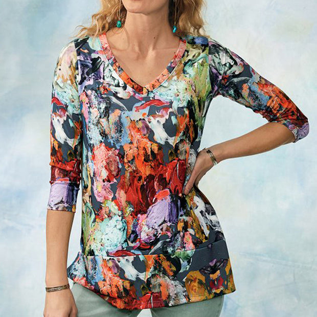 Fashion casual long sleeve printed V-neck t-shirt women