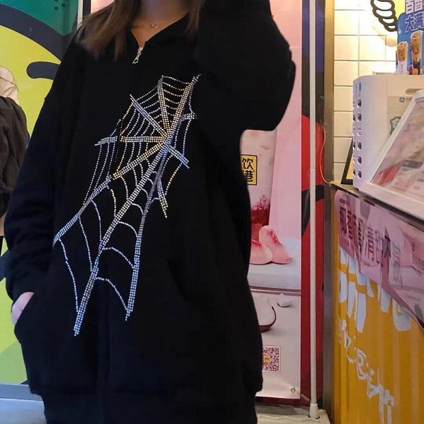 Spider web pierced hot retro casual long-sleeved zipper hoodie