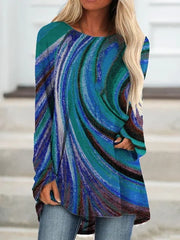 Fashionable Rainbow Stripe Print Loose Round Neck Women's Long Sleeve Top
